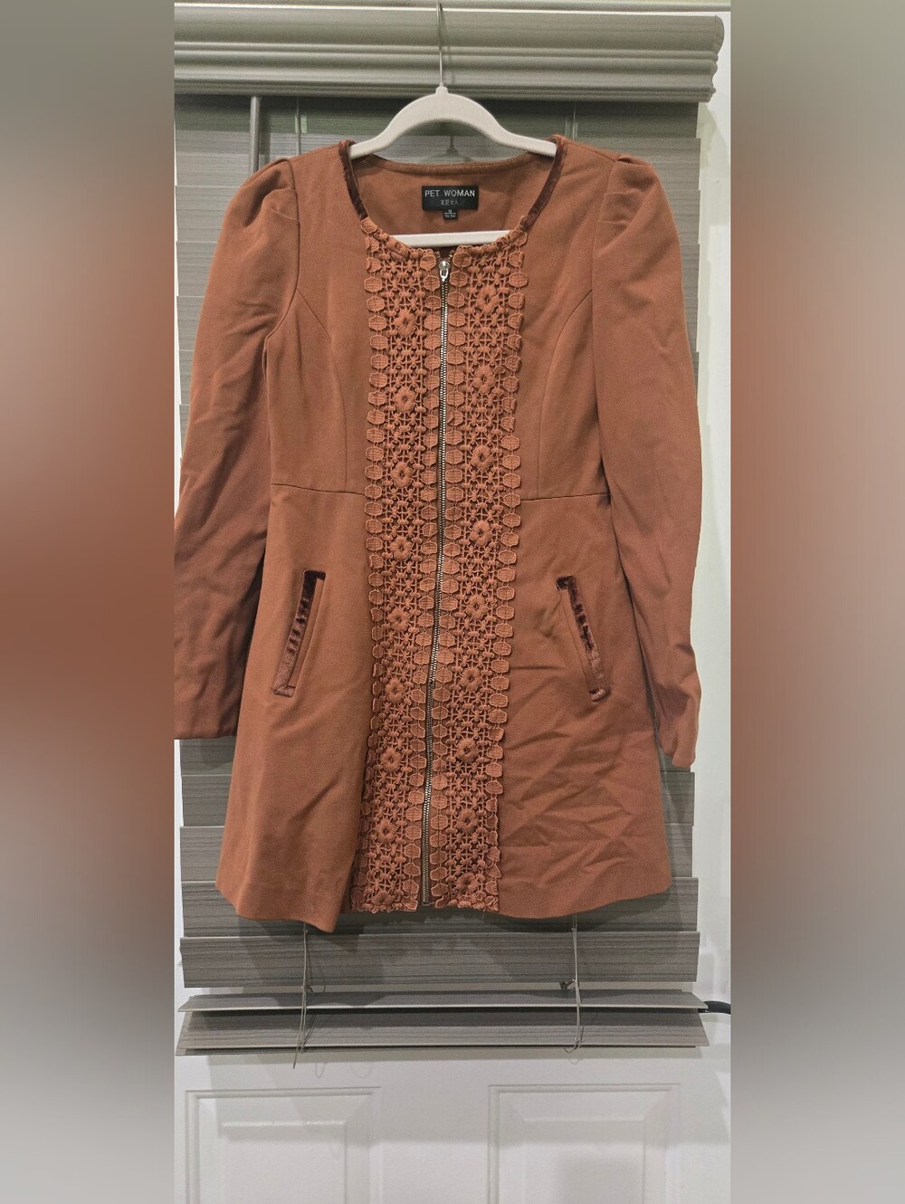Womens Burnt Orange Crochet-Trim Zip Front Coat